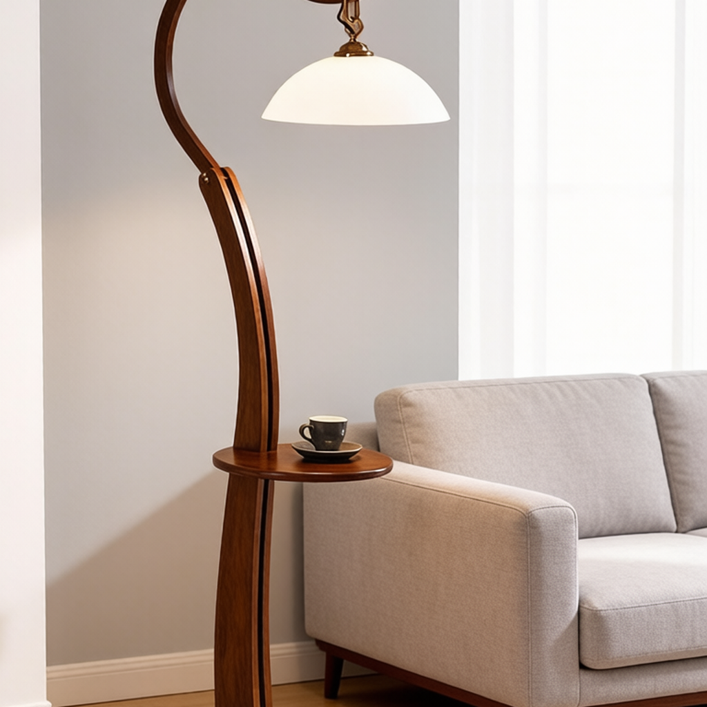 Walnut Floor Lamp with Side Table